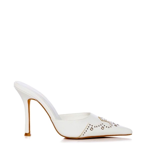 White Vegan Leather Studded Western Mule High Heel Pumps - Picture 2 of 4